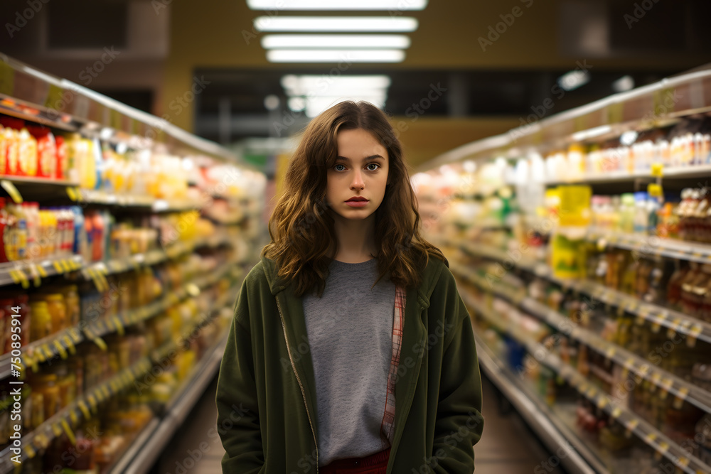Young woman between aisles in grocery store