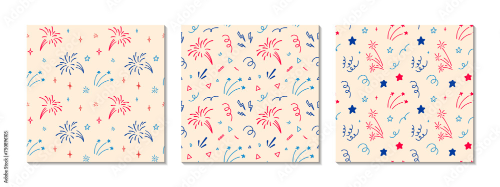 Set of 4th of July USA Independence Day doodle seamless patterns. America flag blue, red and white colors. 14th of July Happy National day of France firework desig