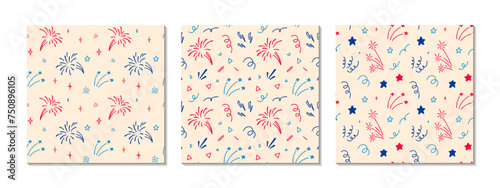 Set of 4th of July USA Independence Day doodle seamless patterns. America flag blue, red and white colors. 14th of July Happy National day of France firework desig