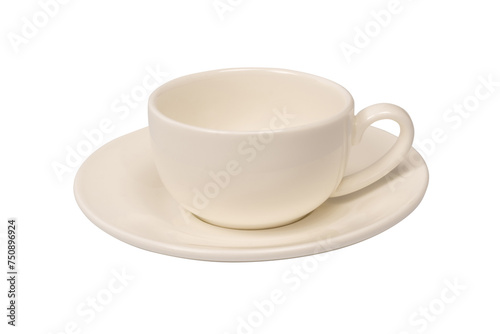 Ceramic white coffee cup and saucer isolated on white background.