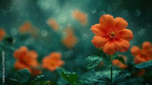 a close up of an orange flower in a field of green leaves with drops of water on the top of the petals. photo