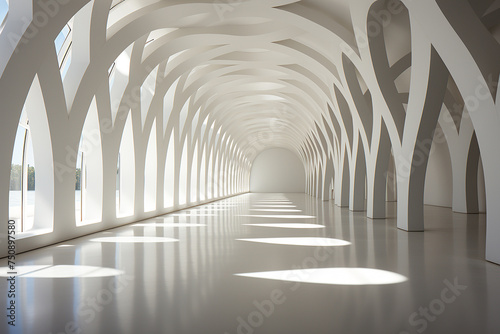 Building and architecture design concept. Architecture building minimalist and surreal design bright background with copy space. Bright corridor with many columns or roof beams