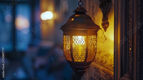 Golden lantern casting intricate shadows in a traditional setting