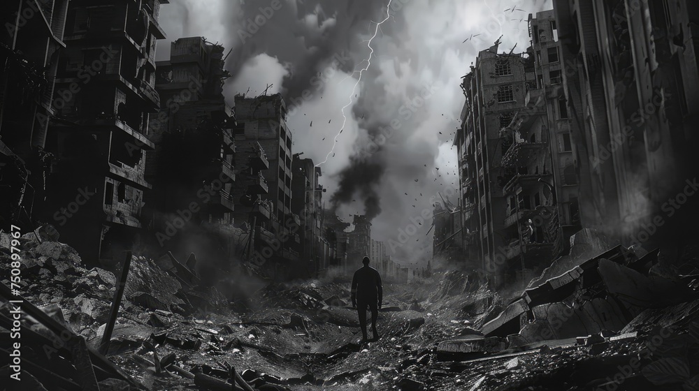 Black and White Concept Art of a City After a Storm
