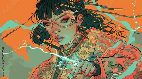 Anime Woman Holding Lightning Bolt Sword in Intricate Illustration