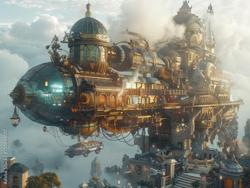 Dieselpunk Golden Castle in the Sky with Steampunk Building and Flying Locomotive Dieselpunk Golden Castle in the Sky with Steampunk Building and Flying Locomotive