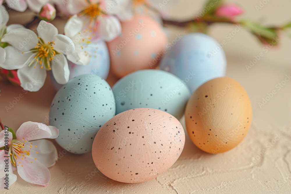 Happy Easter concept with easter eggs in nest and spring flowers. Easter background with copy space. Flat lay,easter banner,happy easter background.
