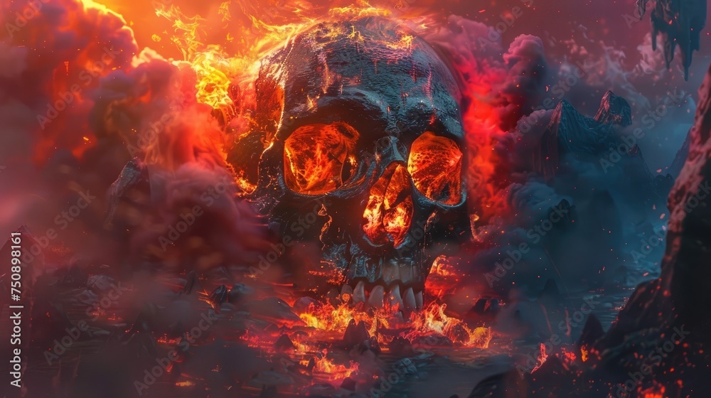 Flaming Skull on a Mountain in Fantasy Styles - obrazy, fototapety, plakaty 