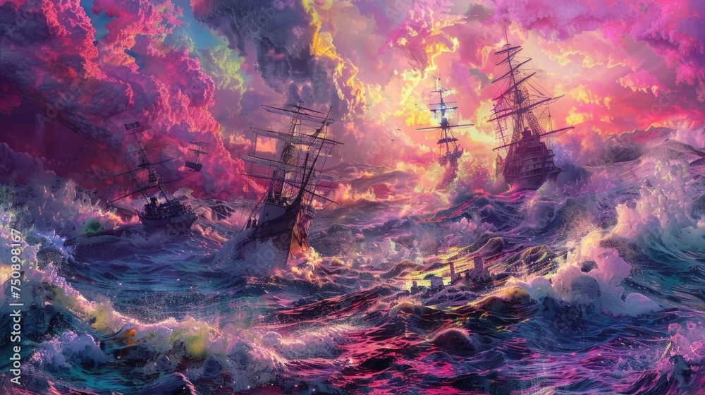 Fantasy Ship Painting with Stormy Sea and Colorful Waves