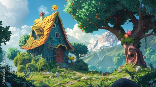 Fruit-covered Cartoon Home in a Whimsical Forest