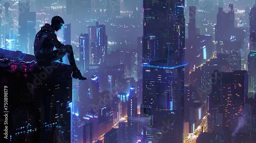 Futuristic Cityscape with Man on Tower at Night