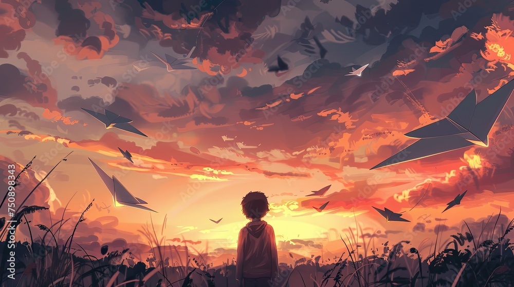 Obraz premium Paper Birds in the Sky at Sunset in Anime Art
