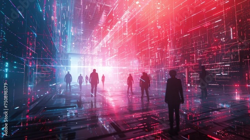 People Walking in a Futuristic Indoor Tunnel with Neon Lights