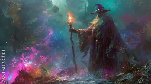 Wizard Standing in a Colorful Field with his Staff