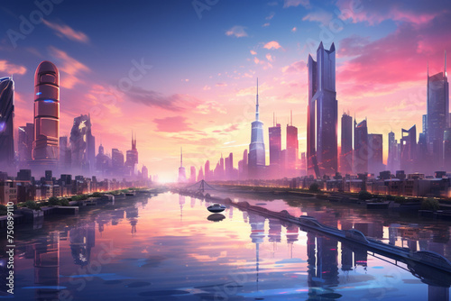 Futuristic Cityscape with Dawn Breaking over Skyscrapers