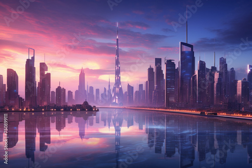 Futuristic Cityscape at Dawn with Traditional and Modern Elements
