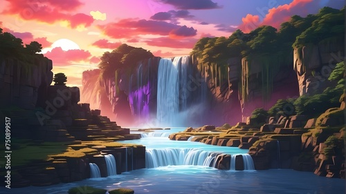 high quality  8k  ultra HD a beautiful waterfall sunset with cloud aesthetic anime style wallpaper simple background 
