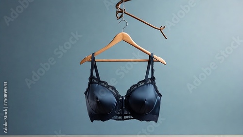 Women's padded dark blue bra hanged on the hanger isolated on light blue background created with generative ai	 photo