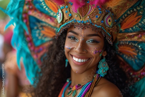 Woman in vibrant carnival costume, beaming smile.