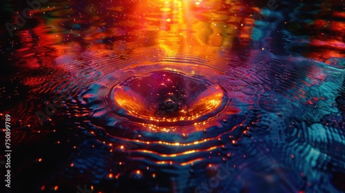 a close up of a water drop in a pool of water with a bright light coming from the top of it. photo