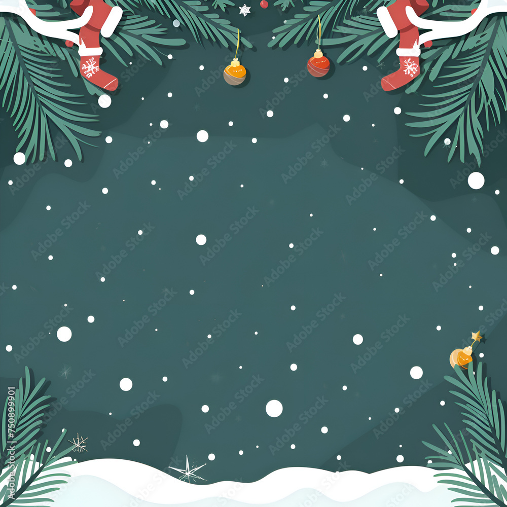 Flat vector christmas background with fir branches and snowflakes isolated 