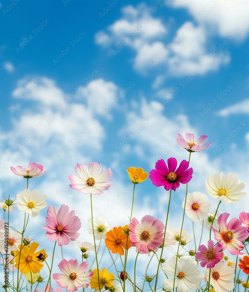 Serene Display of Cosmos Flowers Against a Blue Sky Serene Display of Cosmos Flowers Against a Blue Sky