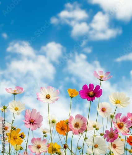 Serene Display of Cosmos Flowers Against a Blue Sky