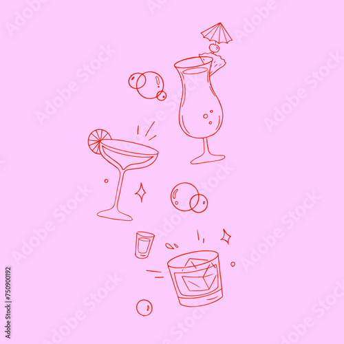 Pinup illustration of glasses with cocktails on a pink background
