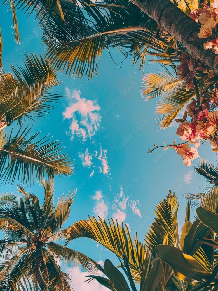 A vibrant blue sky filled with fluffy white clouds, accompanied by tall palm trees swaying gently in the wind.