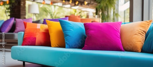 A modern blue couch in a living room adorned with a variety of vibrant and colorful pillows. The pillows add a pop of color to the contemporary interior design.