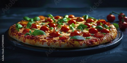 Delicious homemade pizza topped with fresh tomatoes and basil leaves