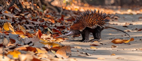 a small porcupine walking through the leaves of a tree in a park on a sunny day with no leaves on the ground. photo