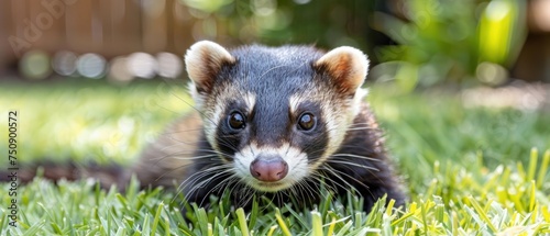 a small brown and black animal laying on top of a lush green field of grass on top of a lush green field. photo