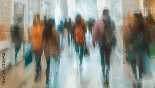 blurry image of people walking on the street in a school corridor Generative AI photo