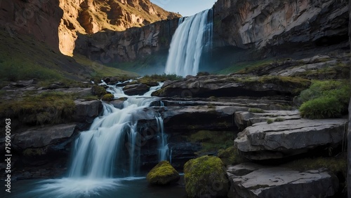 A majestic waterfall cascading into a rocky canyon.