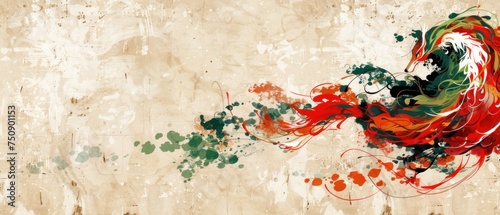 a painting of a bird with red, green, and orange paint splatters on it's wings. photo