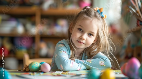 Cute small girl sitting by the table with colored eggs