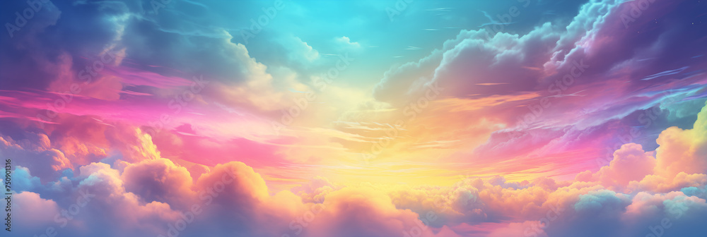 Vibrant and colorful sky with rich hues of pink, blue, and yellow. Mystic sunset. Fluffy clouds are illuminated by sunlight