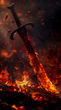 A fiery flamberge, its wavy blade ablaze, set against a backdrop of a raging battlefield, capturing the chaos and destruction of war. mobile phone wallpaper