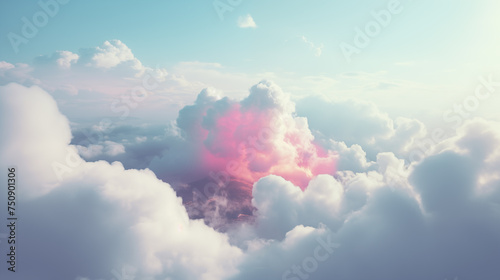 Breathtaking view of a sky adorned with clouds, illuminated by a twilight glow that paints them in pastel pink and purple hues reminiscent of a cosmic nebula, dreamy and mystical ambiance.
