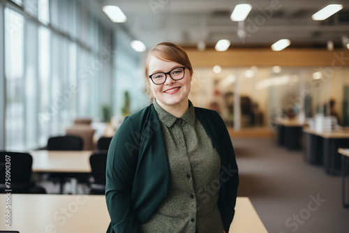Portrait of young smiling woman with down syndrome in casual outfit looking at camera standing in a modern office or college. Educational and career equal opportunities. Genetic disease world day