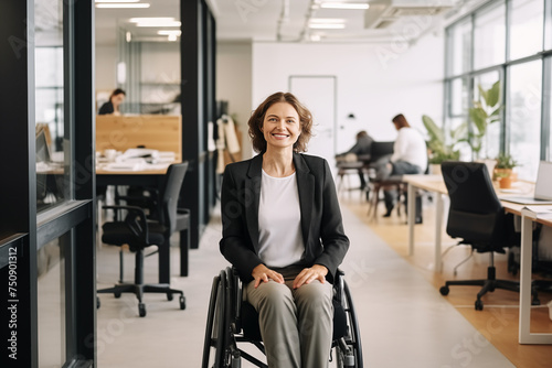 Portrait of young disabled smiling confident wheelchair businesswoman in casual office outfit looking at the camera in a modern office. Career equal opportunities. Accessibility and inclusion concept photo