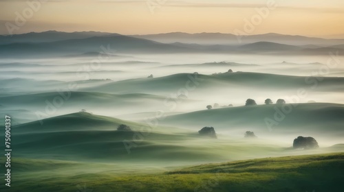 A misty morning in the rolling hills.