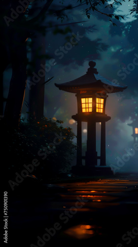 A lone lantern glowing softly in the darkness, reminiscent of quiet moments in anime where characters reflect on their journey. mobile phone wallpaper, or advertising background © VicenSanh