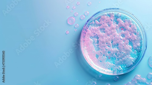 Abstract laboratory concept with Petri dishes containing glowing bacterial colonies with a pastel iridescent effect, minimalist design. Copy space