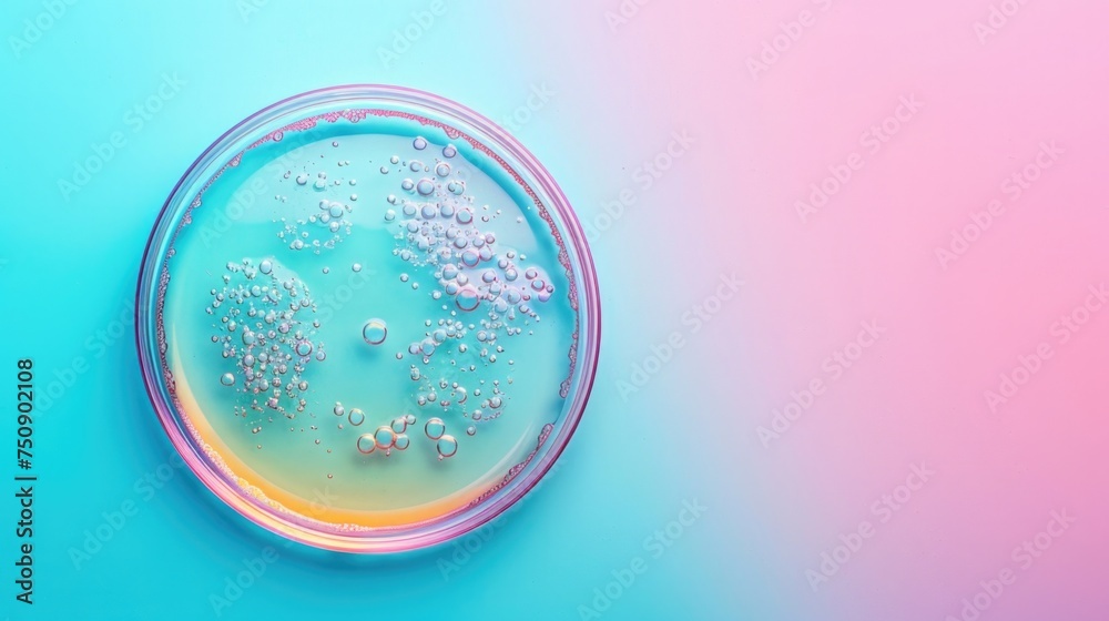 Abstract laboratory concept with Petri dishes containing glowing bacterial colonies with a pastel iridescent effect, minimalist design. Copy space Abstract laboratory concept with Petri dishes containing glowing bacterial colonies with a pastel iridescent effect, minimalist design. Copy space