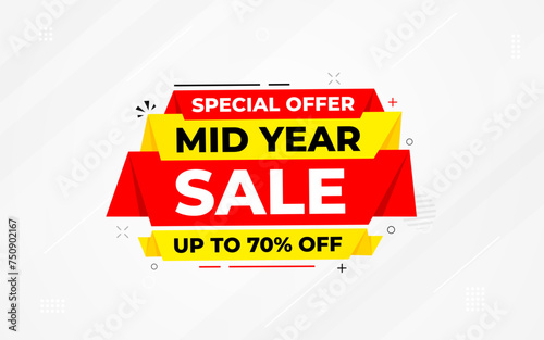 Mid Year Sale banner vector template. New Year Discount vector graphic element. Super shop label Promo design. Product opening festival background collection.