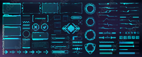 Digital user interface, HUD elements for UI, UX, GUI. Futuristic User Elements - arrows, callouts, frame, cyber buttons, holograms, board UI, circle FUI, audio, keyboard in cyberpunk style. Vector set photo