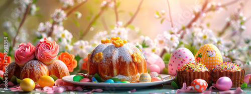 Beautiful Easter cake and eggs on the table. Selective focus.