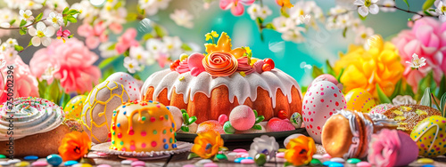 Beautiful Easter cake and eggs on the table. Selective focus.
